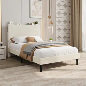 Garvee Twin Bed Frame with Charging Station, Corduroy Upholstered Platform Bed Frame with Headboard and Storage Shelf , Solid Wood Slats, No Box Spring Needed, Noise Free , Easy Assembly, Beige