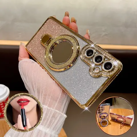 Glitter Bracket Mirror Case For Samsung A06 A16 A26 A36 A56 A14 A34 A54 A55 A15 A24 A25 A35 5G Diamond Ring Holder Gradient Plating Cover Mobile Phone Cover Protective Accessories Smartphone Protector Protection Cellphone Casing Decorative Phone Protector