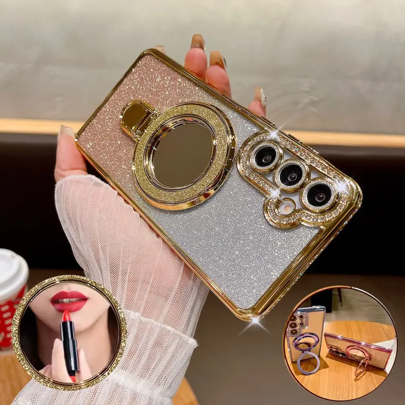 Glitter Bracket Mirror Case For Samsung A06 A16 A26 A36 A56 A14 A34 A54 A55 A15 A24 A25 A35 5G Diamond Ring Holder Gradient Plating Cover Mobile Phone Cover Protective Accessories Smartphone Protector Protection Cellphone Casing Decorative Phone Protector