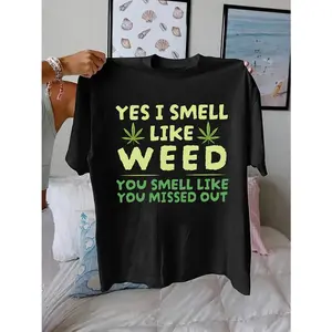 Casual Short Sleeve Crew Neck T-Shirt - Bold Yes I Smell Like Weed Graphic Print, Black with Green Leaf Design, Machine Washable Spring Summer Top, Everyday Outfit, Playful Design, Breathable Material, Printe