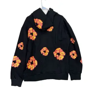 DT Hoodies 1:1 Quality Black Sweatshirt with Puffed White Floral Patterns and Tag Detailing Sweatshirts