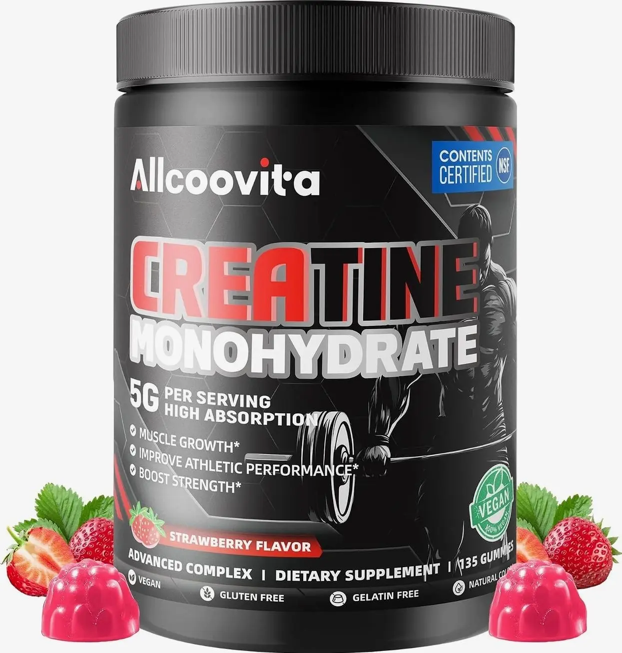NSF Certified Creatine Monohydrate Gummies for Men &Women.Strawberry 135 ct | NSF Certified 173 Creatine Gummy Boost Focus,Strength, and Endurance, Anti-Melting Formula, Vegan, Gluten-Free, Non-GMO