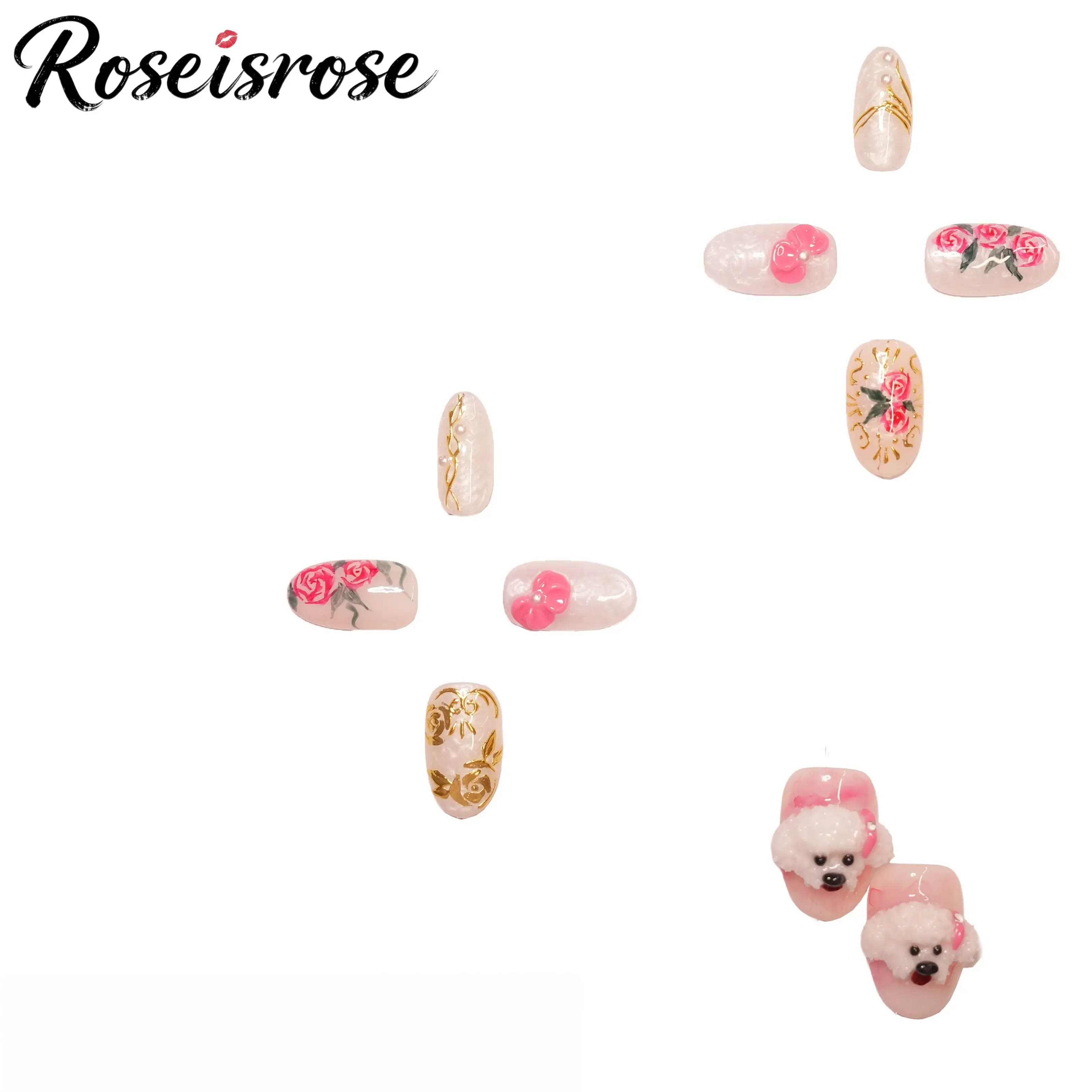 Roseisrose Pawfect Bloom-3D Fluffy Puppy & Pink Roses Hand Sculpted Luxury Salon Quality Press Ons Nails-Short Oval-White Bichon Puppy with Tongue-out & Pink Bow Detail, Handmade Roses, Glossy White Marble Base, Reusable False Nails, with Free Nail Kit