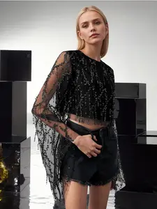 Tassel Sequin Mesh Short Top, Cool and Glamorous, Perfect for Trendy Parties, Light Social Events, Daily