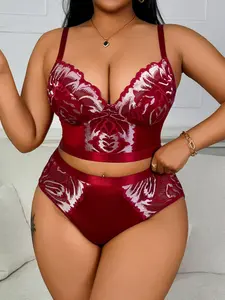 Plus Size Curvy Sexy Lingerie Set 1XL-4XL - Floral Lace Longline Matching Set, Deep V Backless Support Bralette & High Waist Panty Set