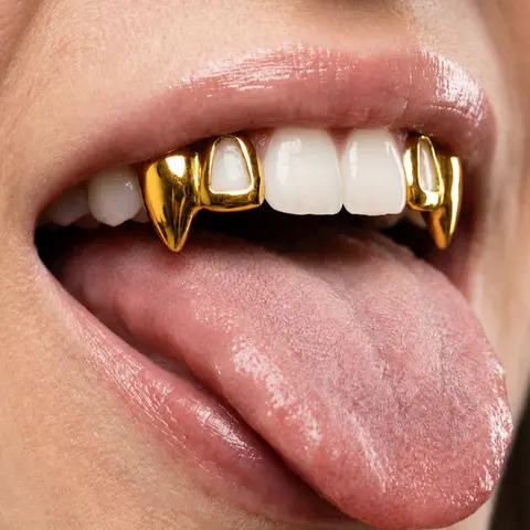 14K Gold Plated Teeth Double Open Face Fangs Grillz Set