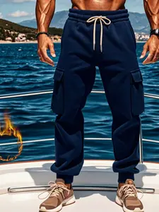 Men's Casual Fleece Lined Cargo Pants, Multi-Pocket Design, Large Size, Warm Long Trousers for Fall & Winter Seasons