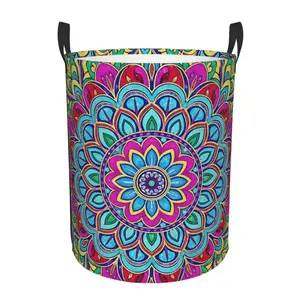 Round Mandala Design Laundry Basket - Foldable Oxford Cloth Storage Bin, Gradient Flower Print Hamper for Home Organization, Ideal Gift for Moms & Holidays