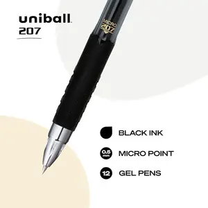 uniball 207 Retractable Gel Pens, Micro Point (0.5mm), Black, 12 Pack