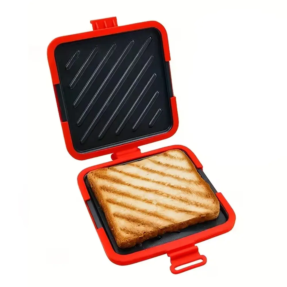 Durable Microwave Sandwich Maker Pan, Sandwich Maker Press, Gourmet Sandwich Maker – Quick, Crispy Toast Pan, Non-stick, Food-grade Iron, Perfect for Grilling, Sausages, Chicken Wings, Steaks, etc., Red with Easy-grip Handle, Heats Food, Compact Design