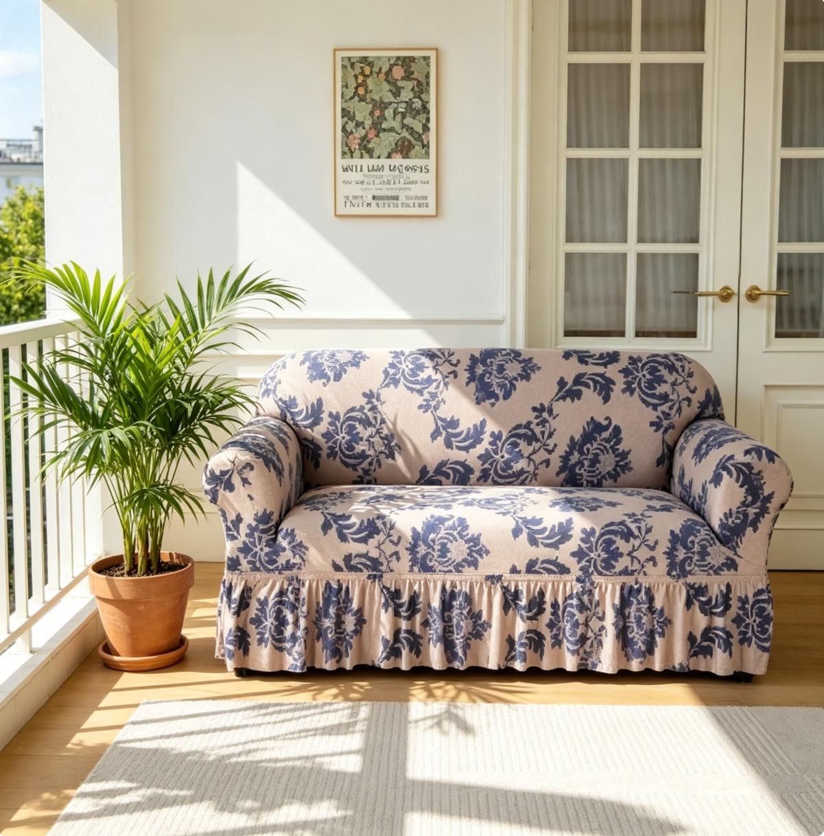 Chic Blue Damask Couch Cover | Stretchy Fabric with Ruffled Skirt for Instant Room Refresh