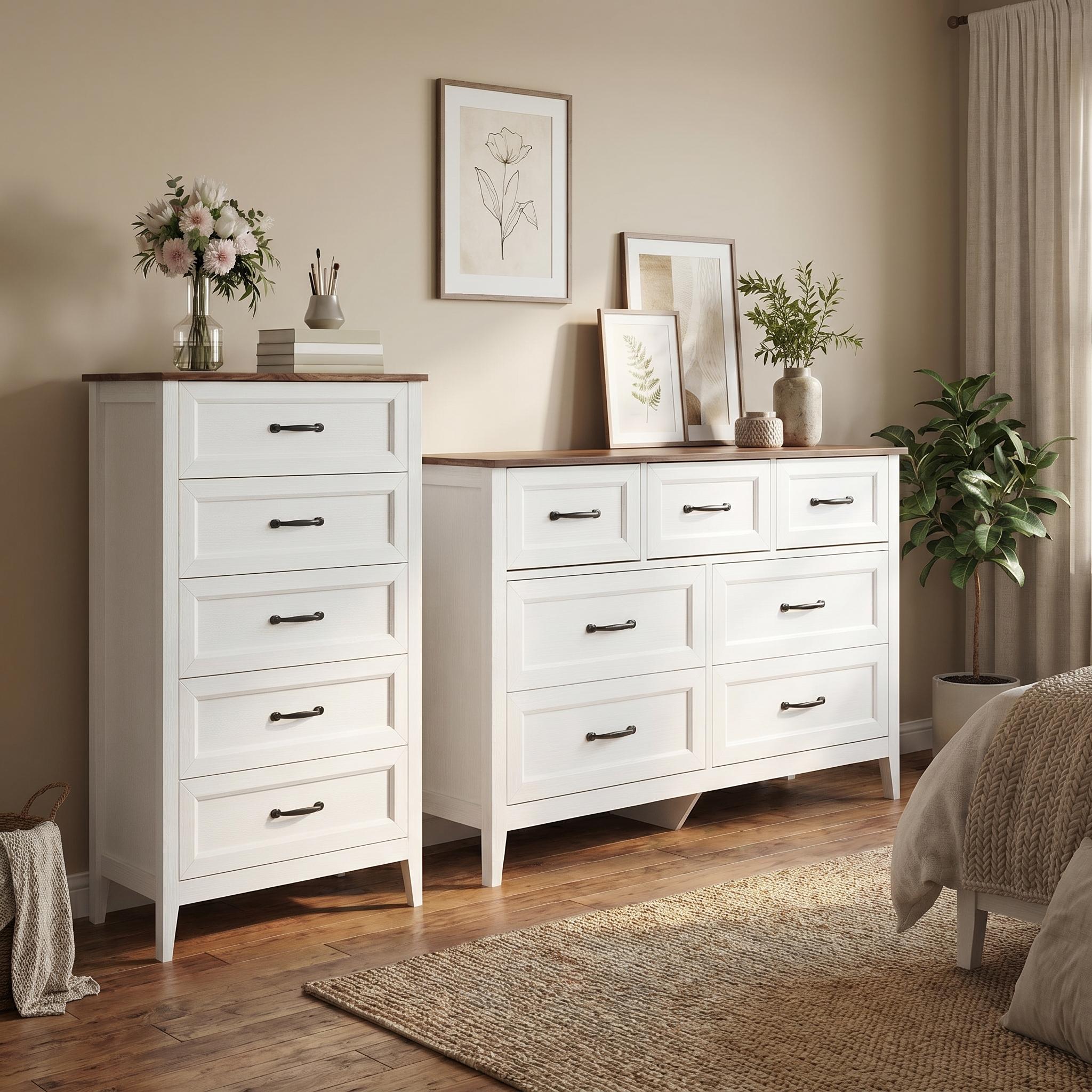 Gizoon 2-Piece Dresser Set, Bedroom Furniture Set of 2  - Includes 7-Drawer Wide Dresser & 5-Drawer Tall Dresser, Available in Black, White, Retro, Modern & Farmhouse6