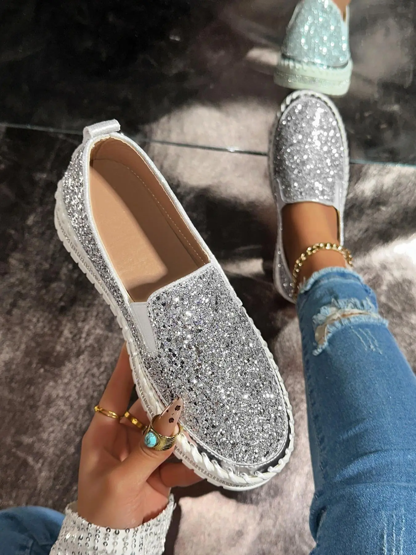 Women's Fashionable Glitter Rhinestone Decorated Slip on Loafers, PU Leather Shoe, Casual Comfortable Low Top Shoes for Daily Wear, Lightweight Breathable Shoes for Women & Girls, Walking Shoes Footwear