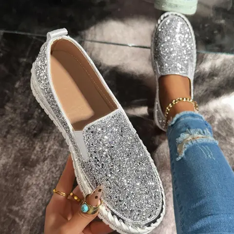 Women's Fashionable Glitter Rhinestone Decorated Slip on Loafers, PU Leather Shoe, Casual Comfortable Low Top Shoes for Daily Wear, Trendy Shoes, Lightweight Breathable Shoes for Women & Girls, Walking Shoes Footwear