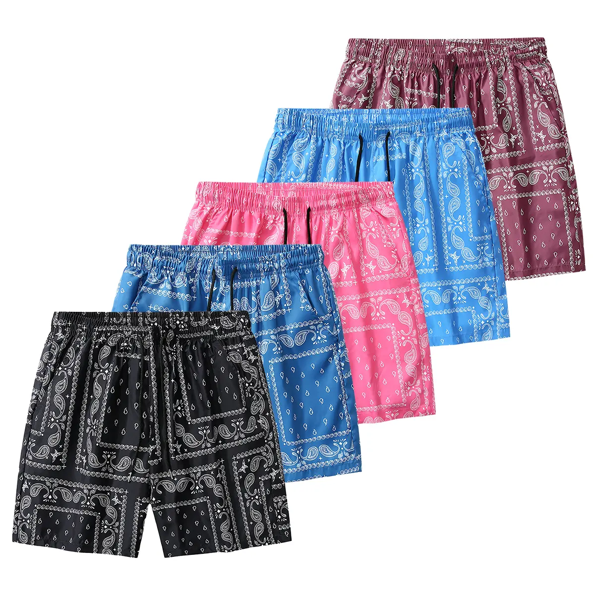 Men's Multi-Pack Novelty Casual Shorts - Drawstring, Vibrant Paisley Theme, Intricate Floral Vine Geometric Details, Eastern Exotic Flair, Washable Drawstring Beach Shorts, Shorts, Men's Pants, Men's Fashion