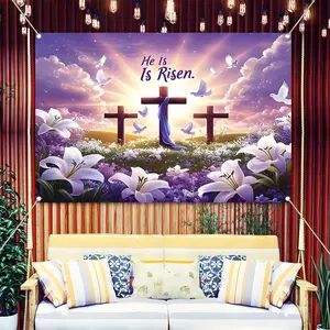"He Is Risen" Easter Banner, Resurrection Cross Backdrop with Lilies & Doves, Religious Easter Decorations for Church Service, Christian Home Wall Decor, Large Purple Easter Backdrop for Sunday School Easter Party Supplies