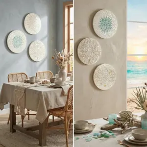 YTWM Seashell Wall Art Boho Coastal Decor - 11.8" Mother of Pearl Shell Hanging Plate Beachy Bohemian Wall Art Set of 3 - for Living Room Bathroom Bedroom Home Office Hotel (Natural Beige & Blue)
