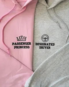 Passenger Princess & Designated Driver Matching Embroidered ( Message Us For Custom Name ) Hoodie Set – Playful Trouble & Trouble Heart Couple Sweatshirts, Funny His And Hers Matching Outfit, Cute Best Friend Or Partner Gift With Minimal Embroidery