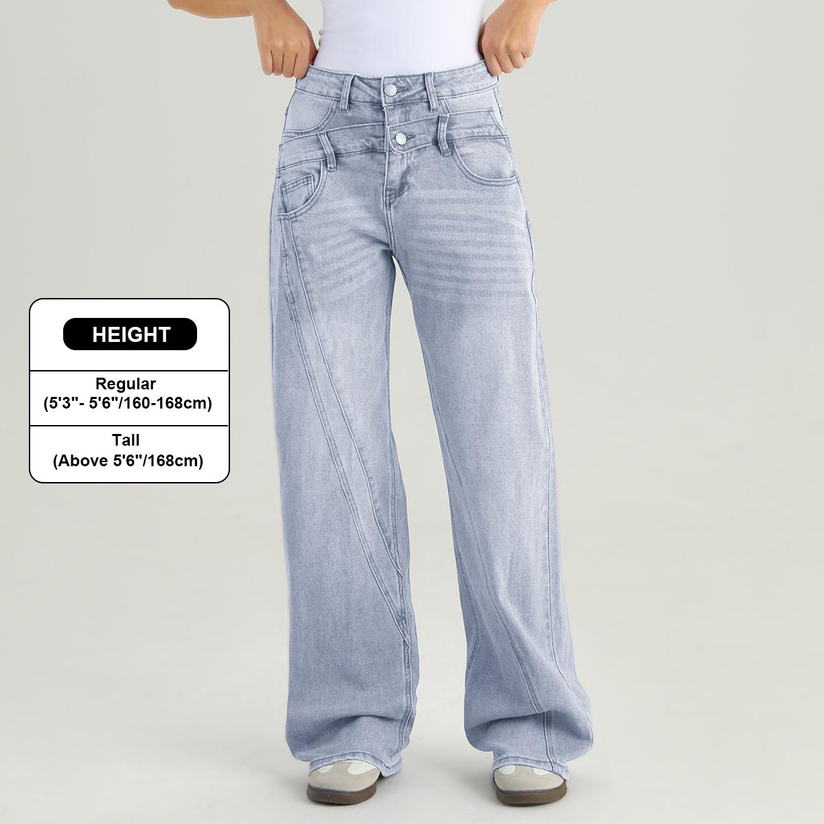 KatchMe Women's High Waist Patchwork Wide Leg Jeans, Vintage Fake Two-Piece Durable Denim Trousers, Baggy Stretchy Soft Pants, Versatile Wrinkle-Resistant Womenswear