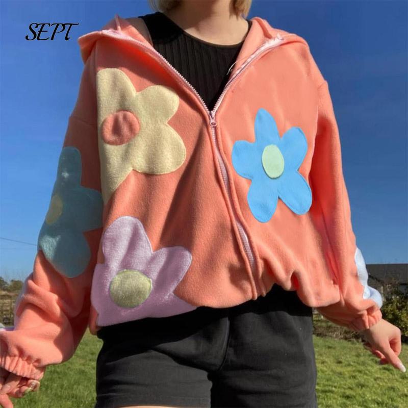 Women Fall winter Zipper Graphic Patchwork Hoodies Y2k Oversized  Sweatshirts Jacket