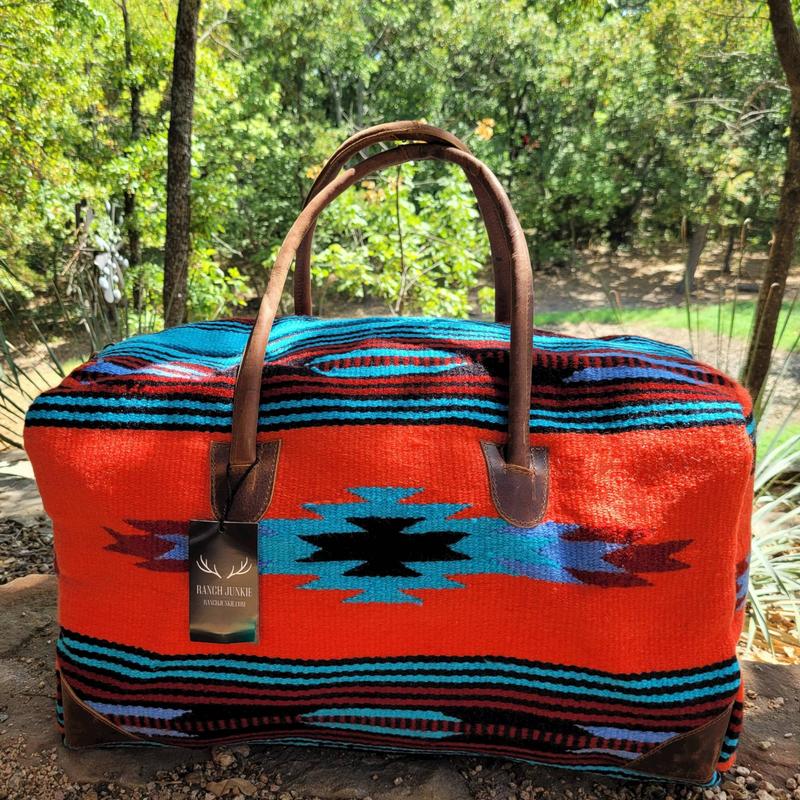 Boho Aztec Large Weekender Southwestern Duffel Bag Sedona Saddle Blanket Bag 100% Leather Handles
