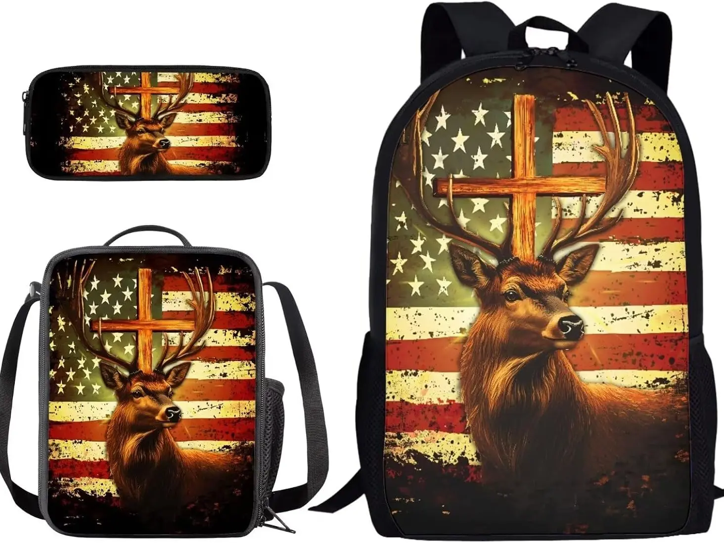 Suobstales Deer Cross American Flag Print 3 Pieces Backpack School Bag and Lunch Box Set with Pencil Case for Middle School Teenage Heavy Duty Schoolbag Back Packs Travel Laptop Bags Daypack