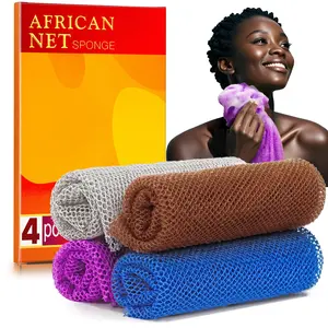 African Net Sponge - 4 Pieces High-Quality Nylon Exfoliating Washcloth for Smooth & Glowing Skin - Brown Blue Purple Grey - Quick-Drying & Multicolor - 11.81x31.5 Inches