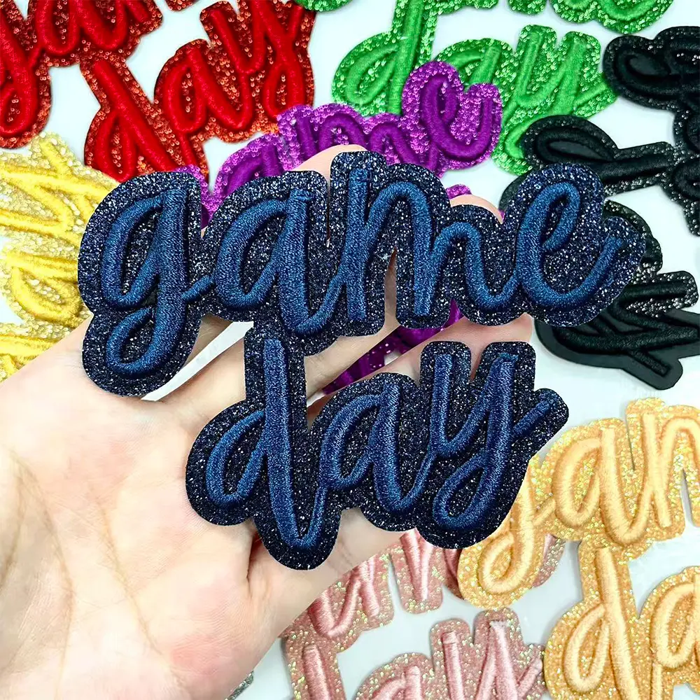 CY 8PCS Navy 3D GAME DAY Iron On Patches with Glitter Edge Embroidered Letter Applique for DIY Trucker Hats Clothes Jackets Jeans Backpacks