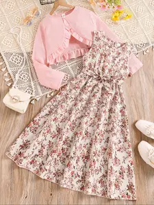 Girls' Round Neck Lace Long Sleeve Top & Leaf Print Dress Set, Adjustable Waist Belt, Elegant Spring & Fall