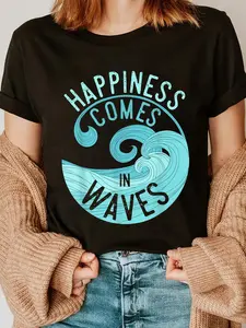 100% Cotton Surfer T-Shirt Happiness Comes In Waves T Shirt for Surfers T-Shirt