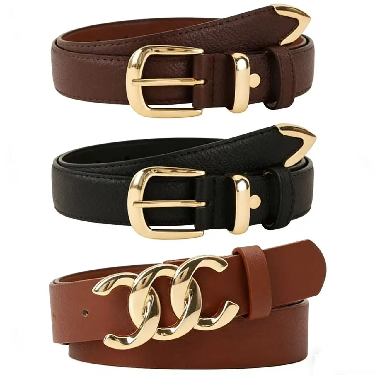 3 Pack Women's Luxury Retro Belts, Classic Pebbled Grain Leather Belts with Gold Pin Buckle & Fashion Double C Buckle, Adjustable Versatile Waist Belts for Jeans Dresses Casual Work Outfits, Multi Brown Black Tones Fit Most Waist Sizes
