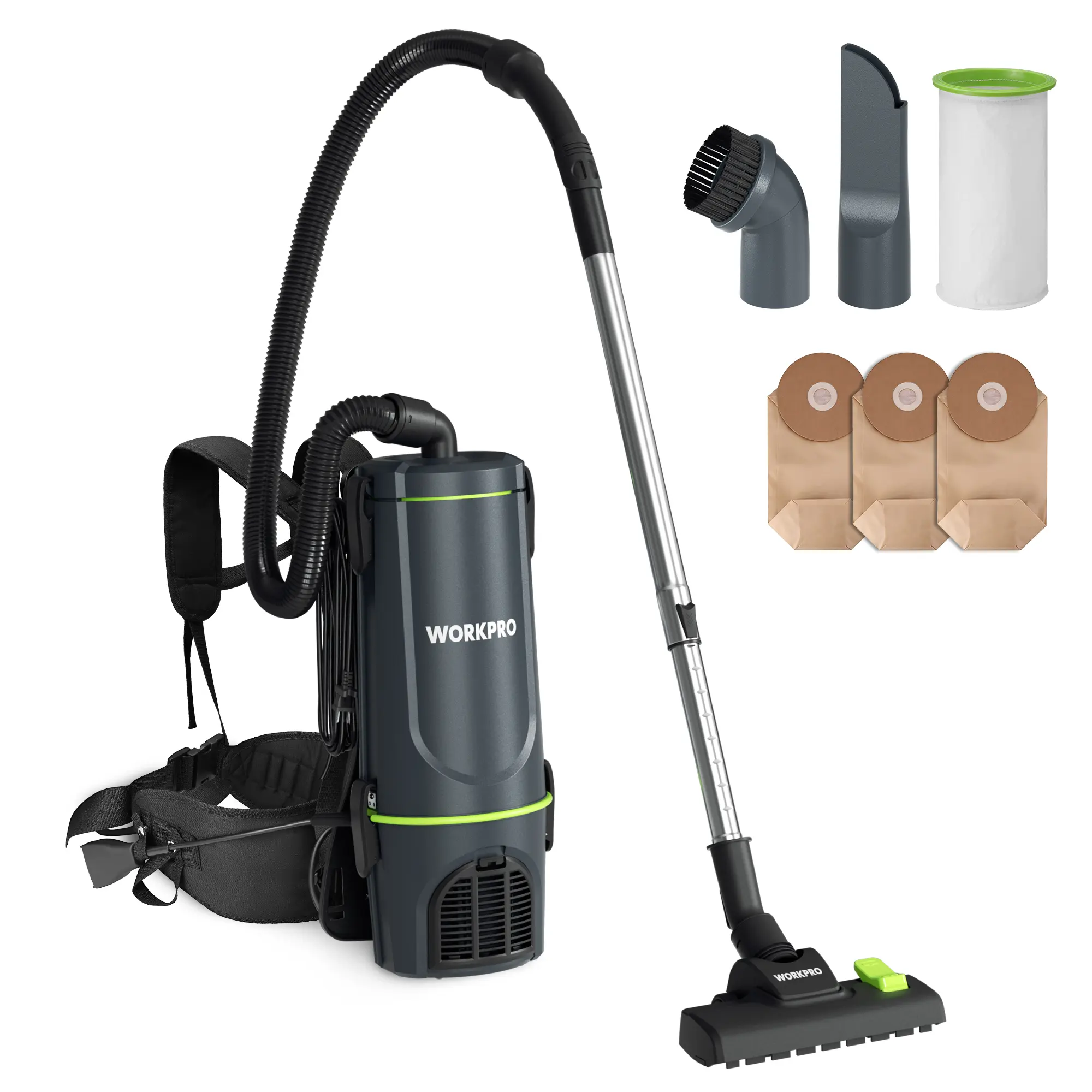 WORKPRO Commercial Backpack Vacuum Cleaner - 1200W Motor, 6-Quart Capacity, 23-ft Cord, Lightweight for Stairs, Carpets, Hard Floors