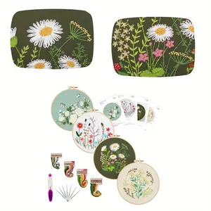 4 Pack Flower Embroidery Kit for Beginners with Pattern and Instructions, Cross Stitch Kits, 2 Wooden Embroidery Hoops, Threads and Needles, Needlepoint Kit for Adults