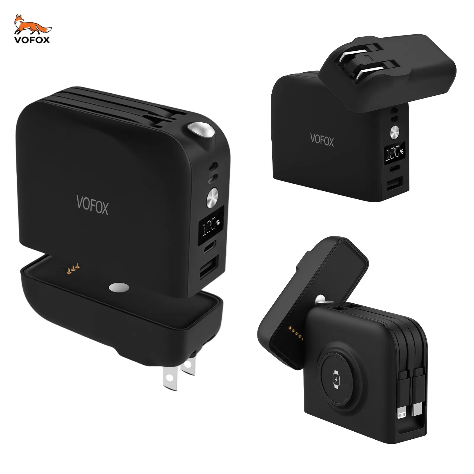 VOFOX 2-in-1 Magnetic Power Bank & Wall Charger - 10000mAh Detachable Battery, Semi-Solid Tech, Built-in Cables, Wireless Watch Charging, Fast Portable Charger