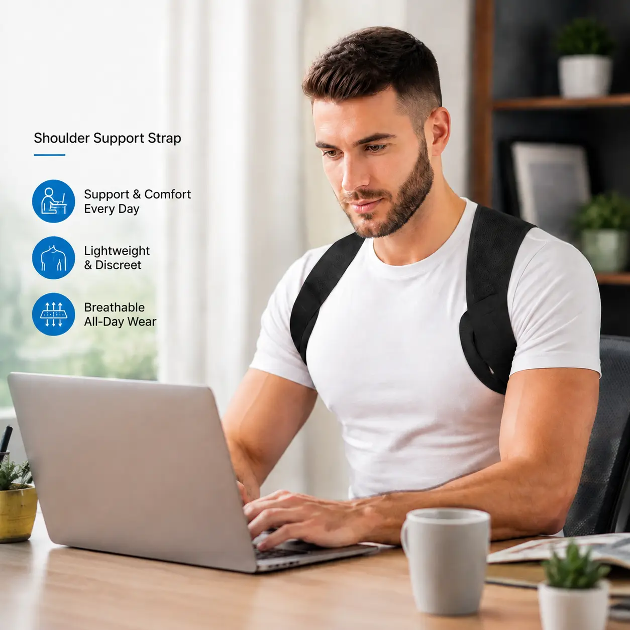 Adjustable Upper Back & Shoulder Support Strap, Breathable Posture Assist Band for Gym Workout, Office & Daily Use