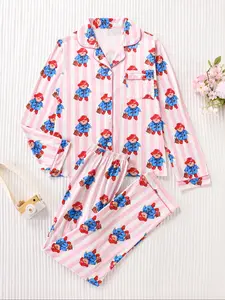 Women's Two-Piece Cute Cartoon Bear Sleepwear Loungewear Pajama Set, Soft Silk Satin Fabric, Comfortable Long Sleeve Top and Pants, All Seasons