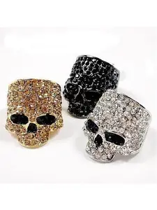 Punk Style Rhinestone Skull Ring Ghost Head Full Diamond Metal Hip Hop Nightclub Exaggerated Ring High-Quality Handmade Geometric Design