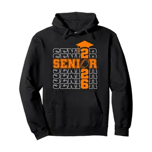Men'S Senior Class of 2026 Graduation Football Hoodie - Black with Orange Lettering, Number 26 & Football Graphic, Durable Digital Print Pullover Sweatshirt for Senior Year Celebration, Football Season Apparel, Casual Comfort Fit Hooded Sweatshi