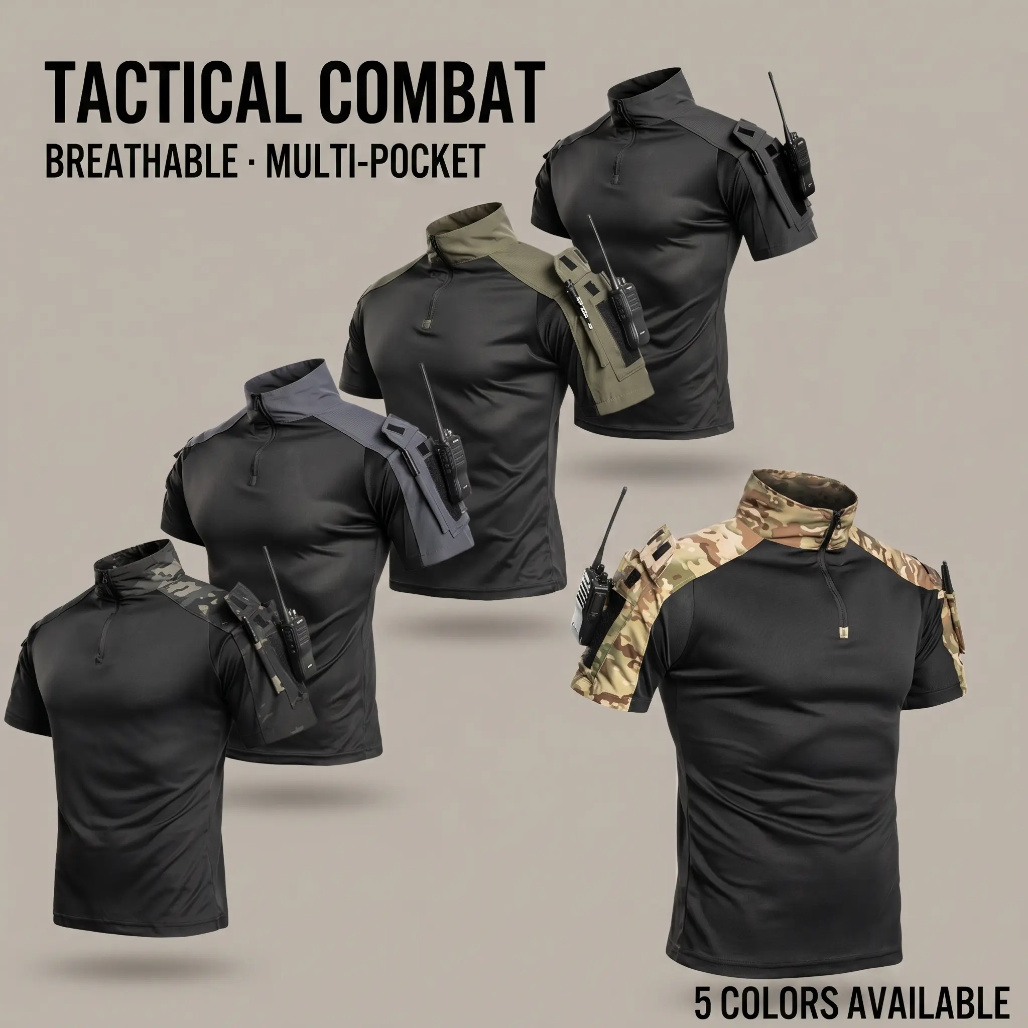 Men’s tactical short-sleeve T-shirt with half zip stand collar and windproof design, multifunctional tactical pocket on the left sleeve, breathable quick-dry fabric, outdoor military fan commuter combat apparel, multiple colors available.