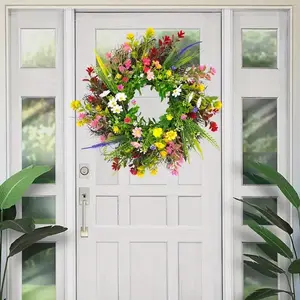 Artificial Flower Wreath, 17.71inch Colorful Faux Flower Wreath, Decorative Flower Wreath for Farmhouse Indoor Front Door Wall Wedding Home Decoration, Plants