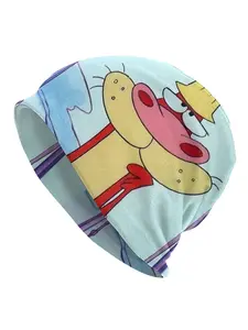 Vintage Cartoon Character Skull Cap for Men & Women - Light Blue Knit Beanie with Colorful Design, Comfortable & Stylish Outdoor Hat, Casual Headwear | Playful Design | Stretchy Fabric