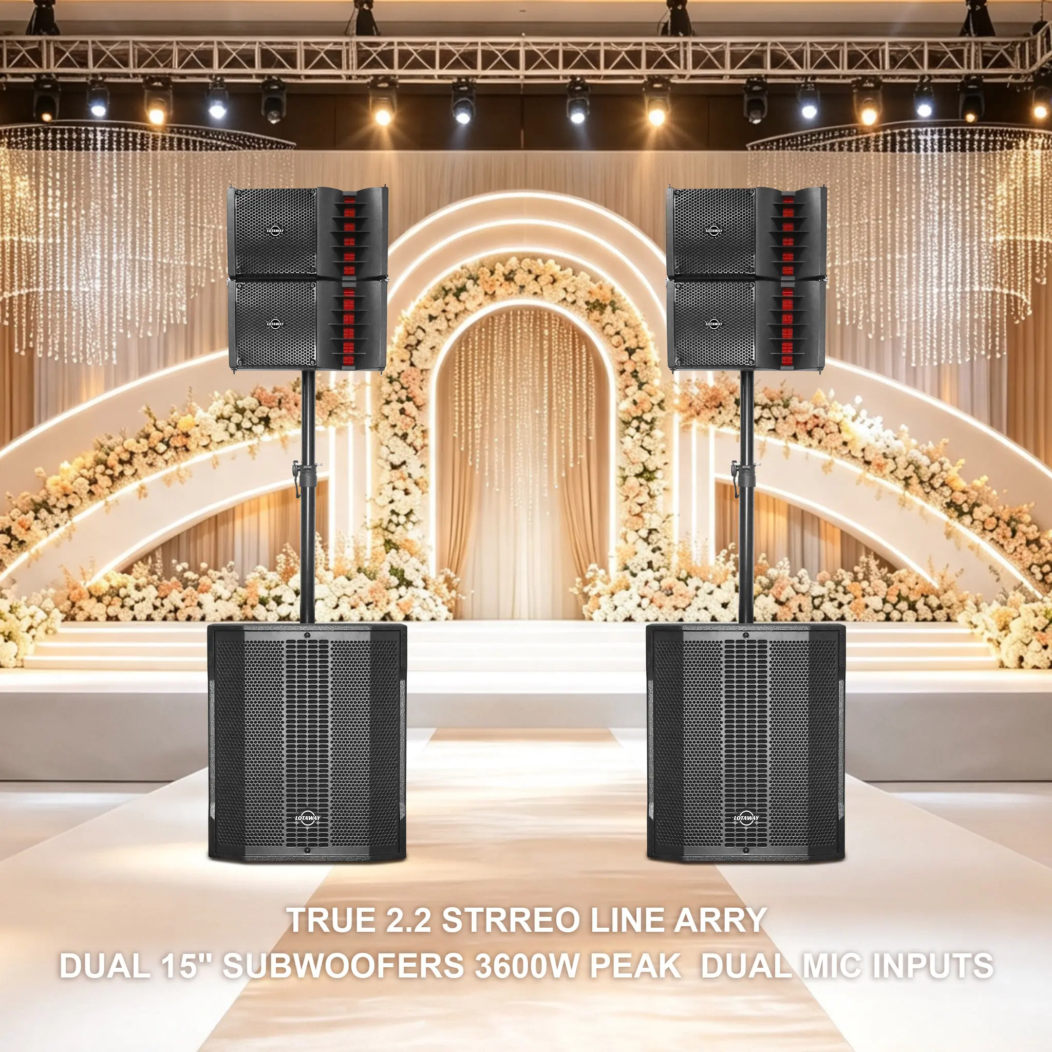 LOTAWAY SQ-2.2 True 2.2 Stereo Line Array | Dual 15" Wooden Subwoofers, 3600W Peak, Dual Mic Inputs, 3 DSP Presets (Flat/DJ/Live), Bluetooth TWS, XLR/RCA, for Weddings, Live Stage & Concert Events