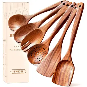 7-Piece Natural Teak Wooden Utensils Set, Wooden Spoons Set for Cooking - Heat Resistant, Natural Healthy Spatula Set with Hanging Holes - Durable, Scratch-Free & Handcrafted