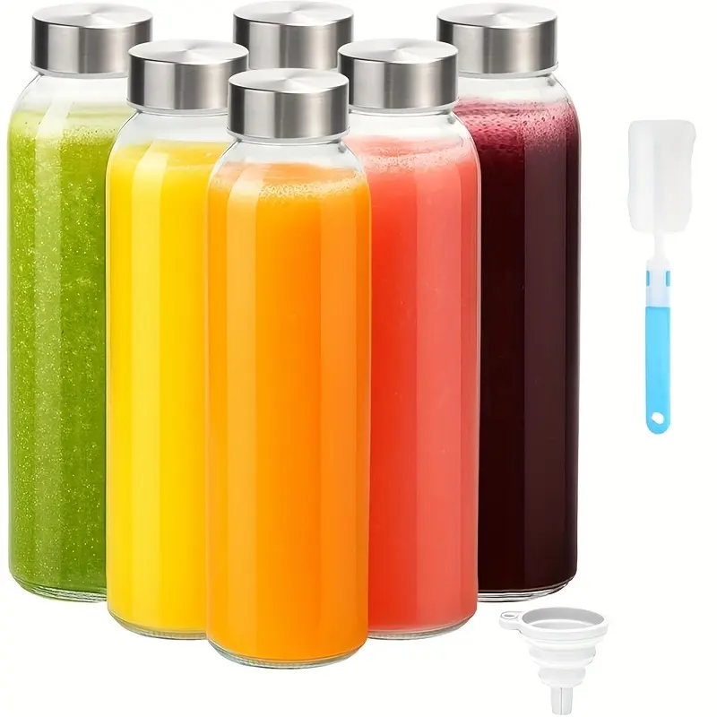 6 Pack 18oz Glass Juice Bottles with Lids, Reusable Glass Beverage Bottles with Stainless Steel Caps, Leakproof Drink Containers with Cleaning Brush & Funnel, BPA-Free for Juice, Smoothies, Milk & Refrigerator Storage