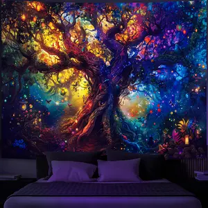 Blacklight Tree of Life Tapestry, Fantasy Forest Fairy Tapestry Nature UV Reactive Colorful Tree Magical Elves Wall Hanging Tapestries for Bedroom
