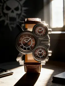 Men's Genuine Tough Style Watch, Large Dial Three-Timer, Brushed Silver Color Steel Case, Crocodile Pattern Leather Strap