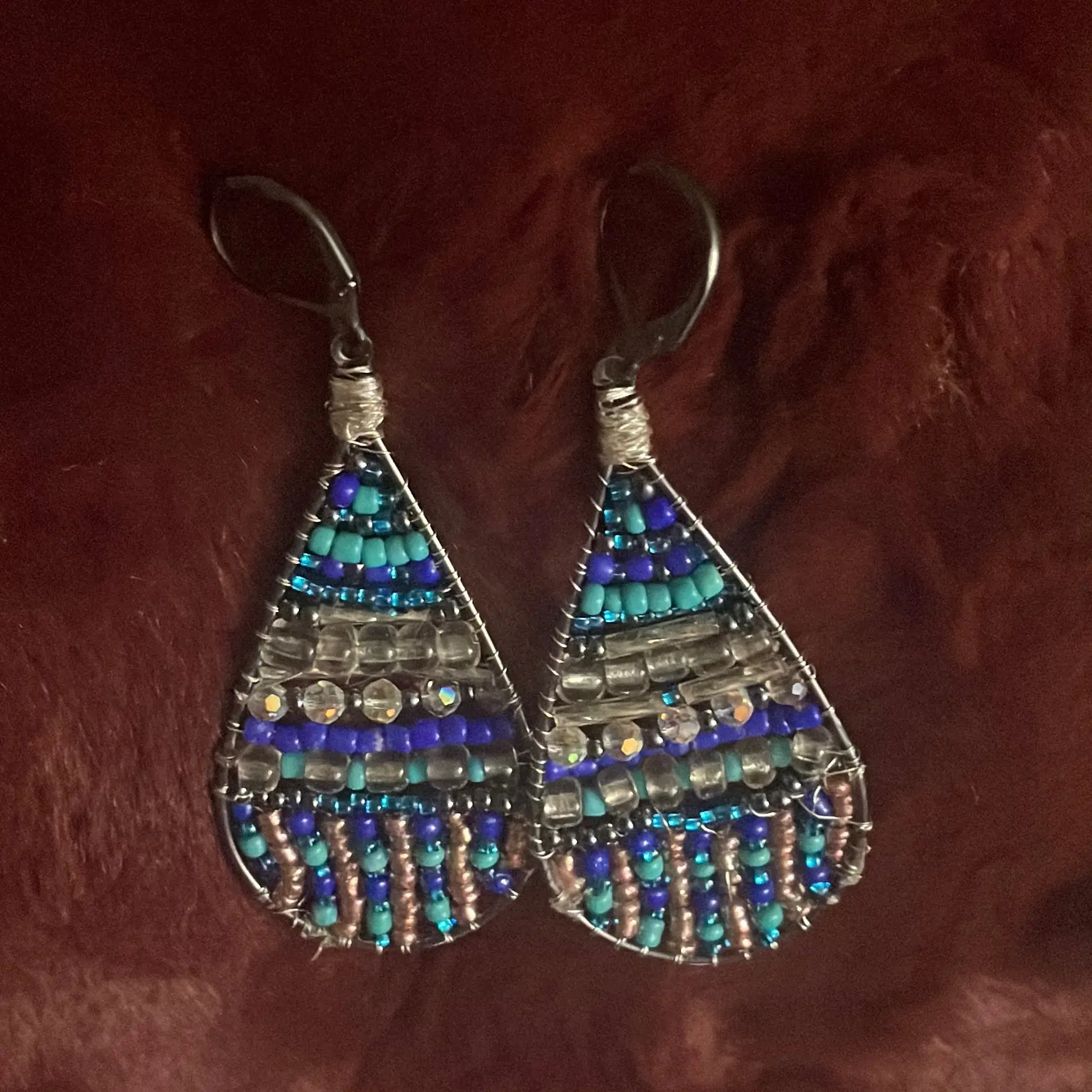 Handmade beaded dangle earrings - one pair each, fancy crystal burst drops - silver clear white / tidal bead weave teardrops silver blues, clear / dreamcatcher inspired long dangle - red, green, turquoise