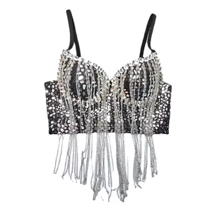 Corset Tank Tube Halter Tops Short Handmade Rhinestone Tassel Glisten Elevated Going Out Tops Sequins Weighted Vests Woman Sexy Clothes Summer Spring Hot Fishbone Wedding Bra Blusas Party Blind Date Stage Party Shaper Ladies Crop Halter Tank Tube Tops