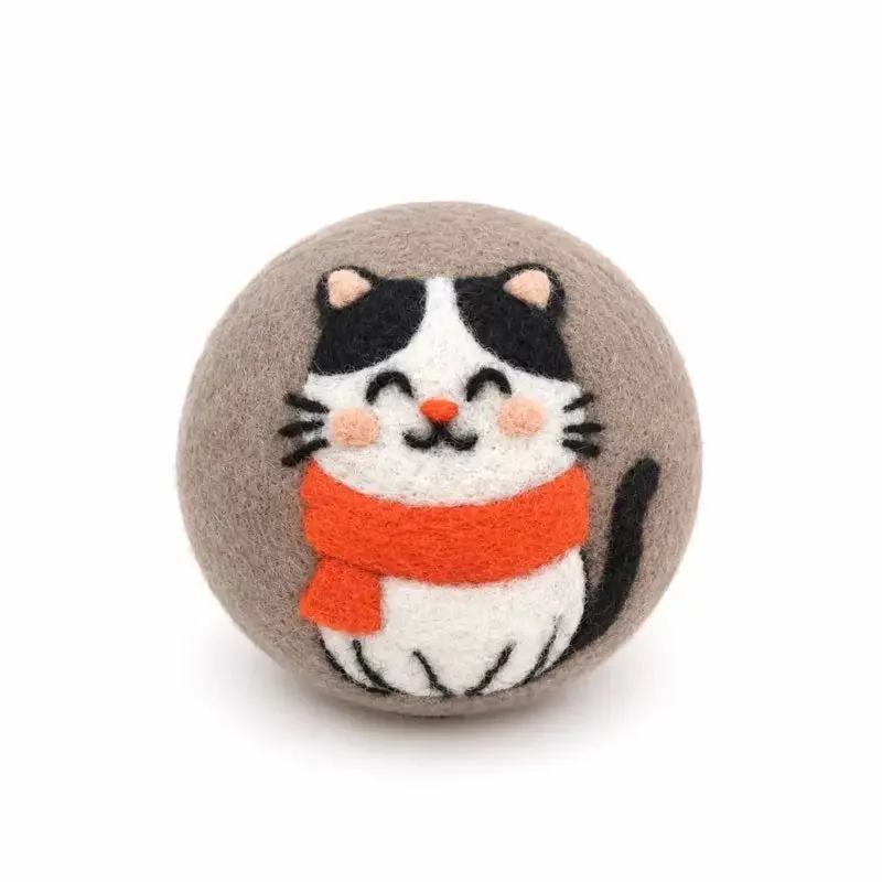 Eco Wool Fiber Laundry Dryer Ball, Cat Design with Scarf, Natural Dryer Aid for Home Laundry Tools & Accessories, Daily Wash