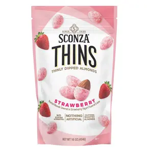 Sconza Strawberry Thinly Dipped Almonds 16 oz. - No Sugar Added, Nothing Artificial, California Roasted, Perfect Nut Snack